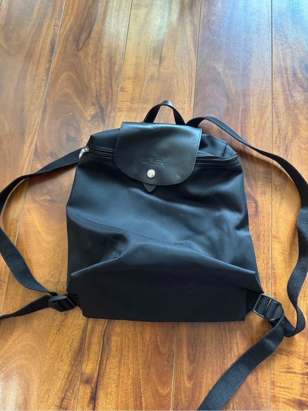Black Longchamp Backpack with Leather Flap